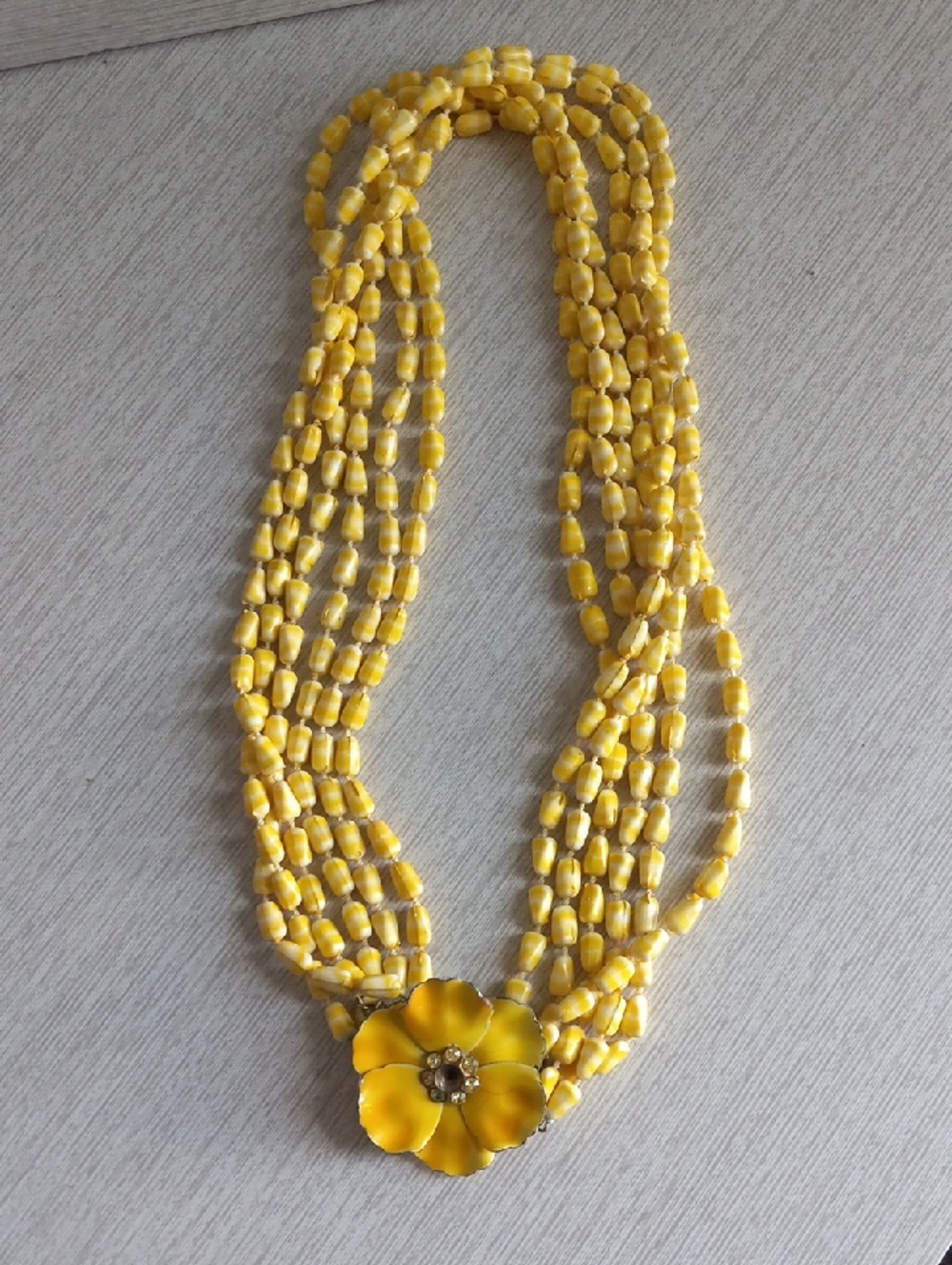 Vintage Enamel Flower Rhinestone Accent 6 Strand Beaded Necklace Sunshine Yellow